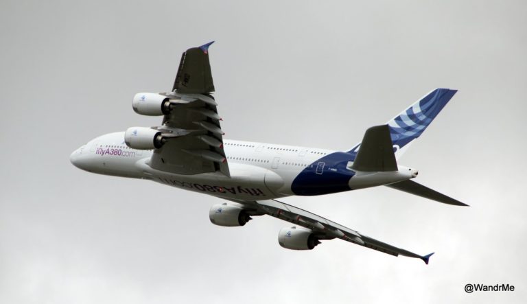 A380 in profile at the 2016 Farnborough International Airshow