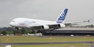 A380 landing after its performance at Farnborough International Airshow