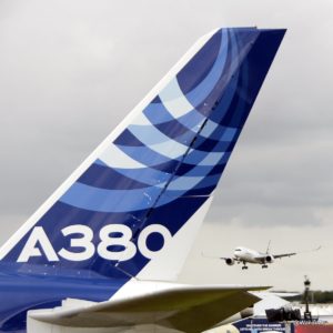 A380 on the ground and the A350 coming in for a landing (with Virgin Atlantic on board to announce an order)