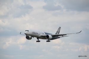The A350 towards the end of its performance at the Farnborough International Airshow