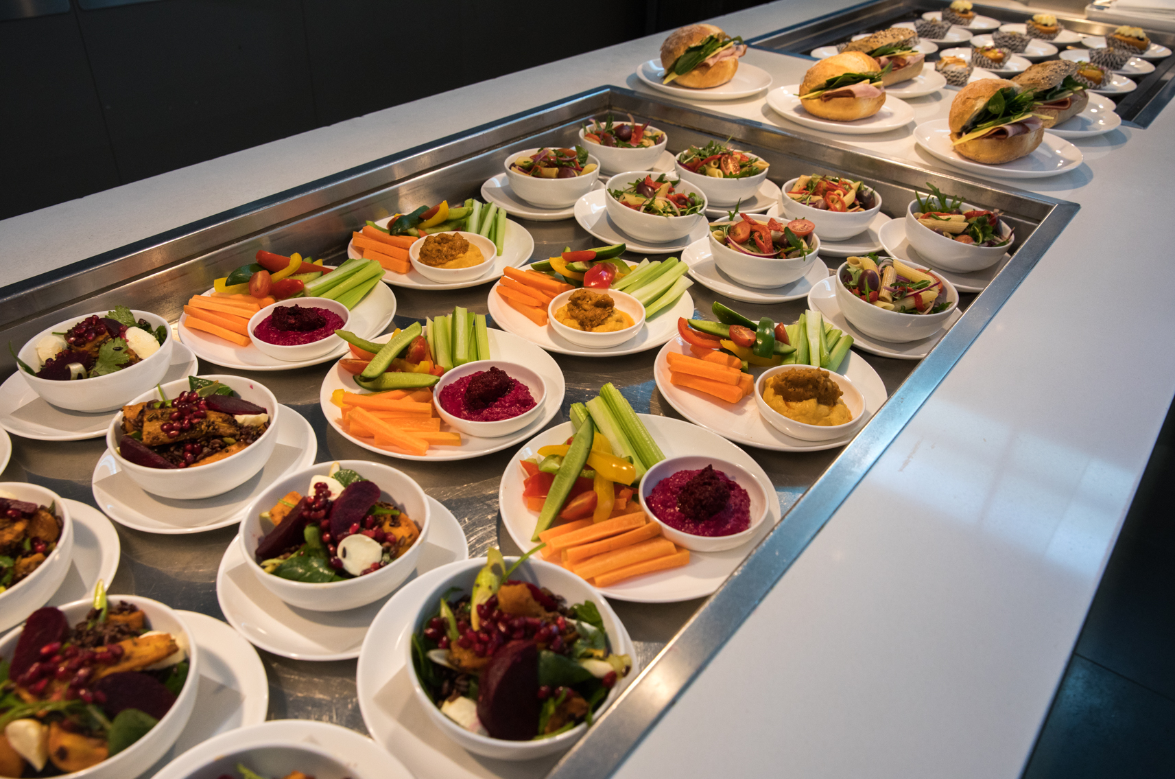a buffet line of food