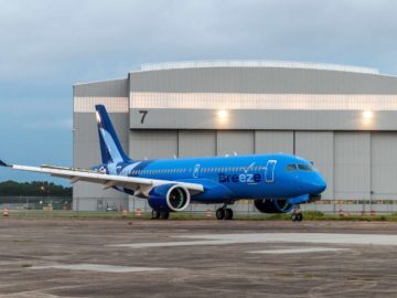 The first A220 for Breeze Airways exits the paint shop in Mobile in advance of its planned delivery in Q4 2021