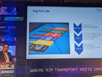 Shabstec owner Shabbir Girach pitching the TagsForLife concept at Future Travel Experience EMEA 2023 in Dublin