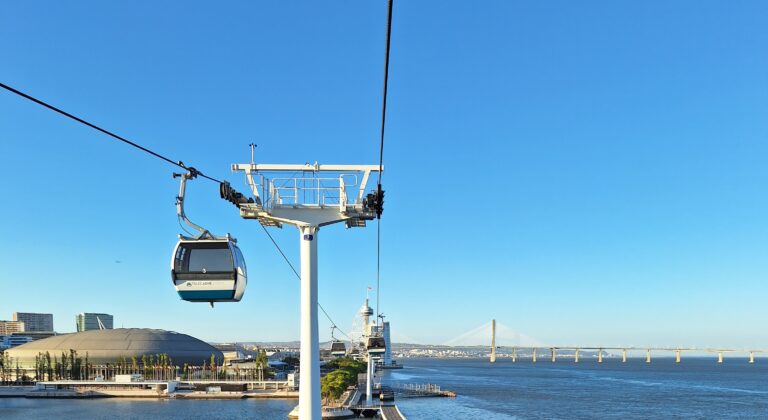 a cable car going over water